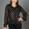 Blouse en voile noir imprimé cœurs dorés, style vintage, Sheen