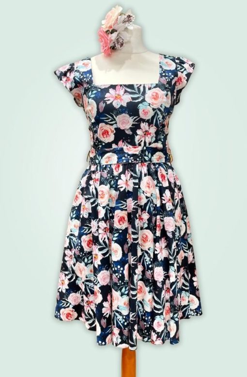 Robe corolle, style vintage, bleu marine motif roses, Lady Vintage