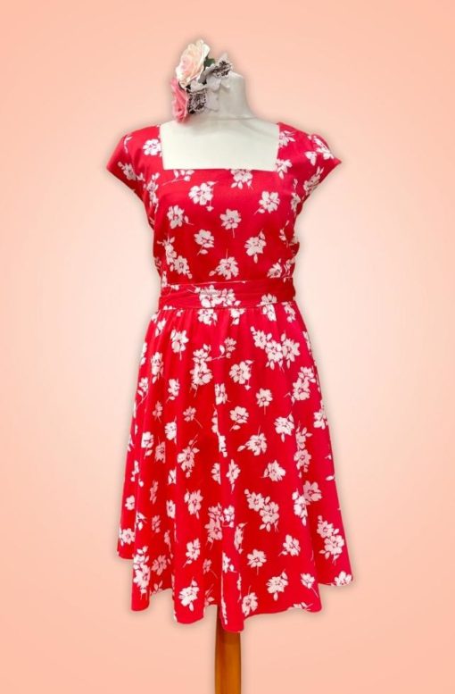 Robe corolle style vintage, rouge fleurs blanches, sans manches, Lady Vintage