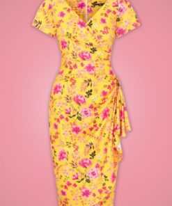 robe sarong crayon vintage retro décolleté cache coeur V manche courte élastique élasthanne jaune fleur rose pin up dinner 50s fifties années 50 lady vintage