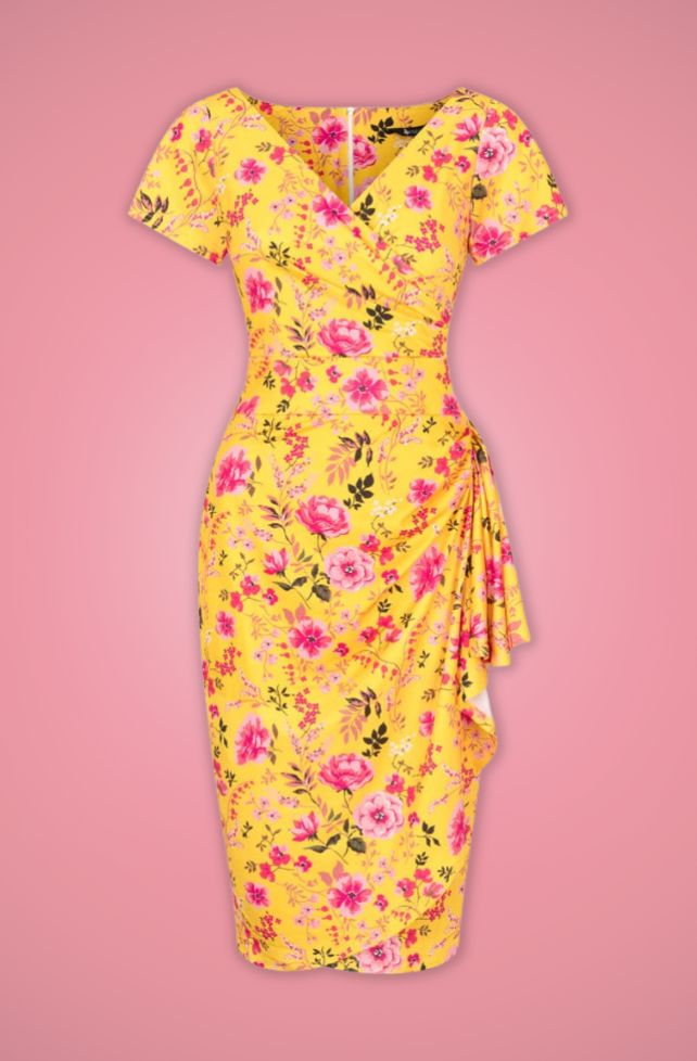 robe sarong crayon vintage retro décolleté cache coeur V manche courte élastique élasthanne jaune fleur rose pin up dinner 50s fifties années 50 lady vintage