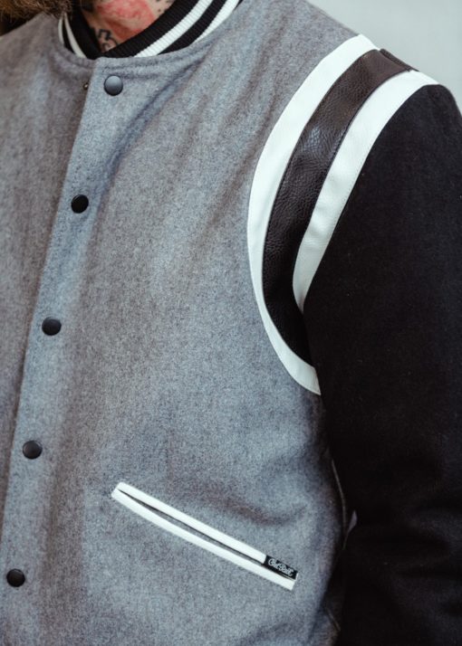 Blouson vintage, style universitaire, gris noir et blanc, Chet Rock – Image 3