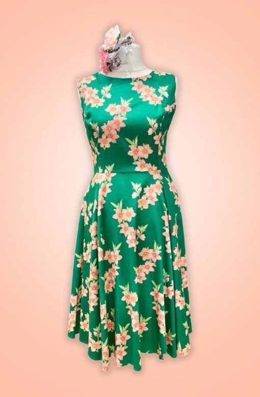 Robe swing style vintage, vert et fleur corail, Hearts and Roses
