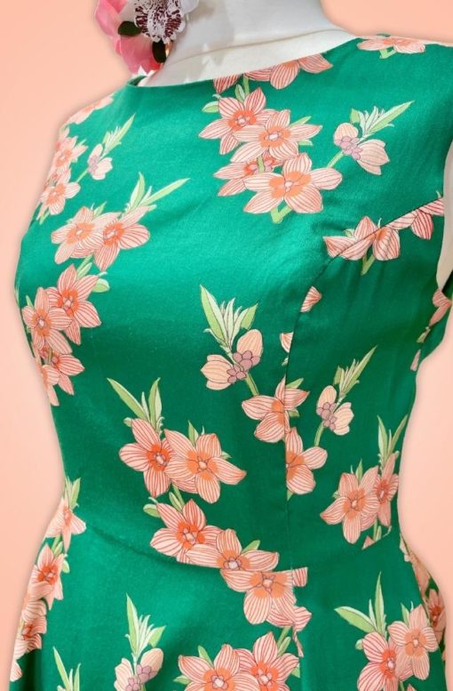 Robe swing style vintage, vert et fleur corail, Hearts and Roses – Image 2
