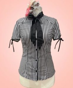 chemiser chemise blouse top reto vintage années 50 50s fifties secretaire rayé noir blanc noeud col cintré unique vintage