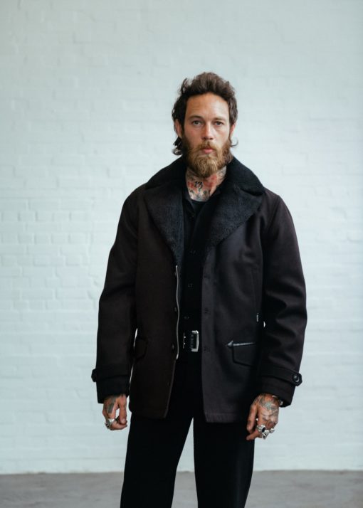Veste noire chaude, style vintage, col fausse fourrure, Chet Rock