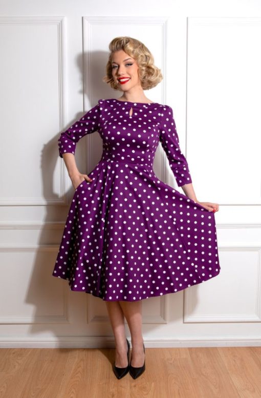 Robe swing, style années 50, violette à pois blancs manches 3/4, Hearts and Roses