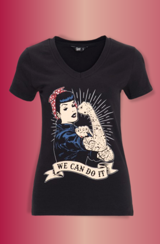 T-shirt style rétro, "we can do it" noir, Queen Kerosin