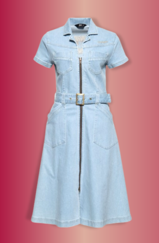Robe trapèze style vintage, denim clair et manches courtes, Queen Kerosin