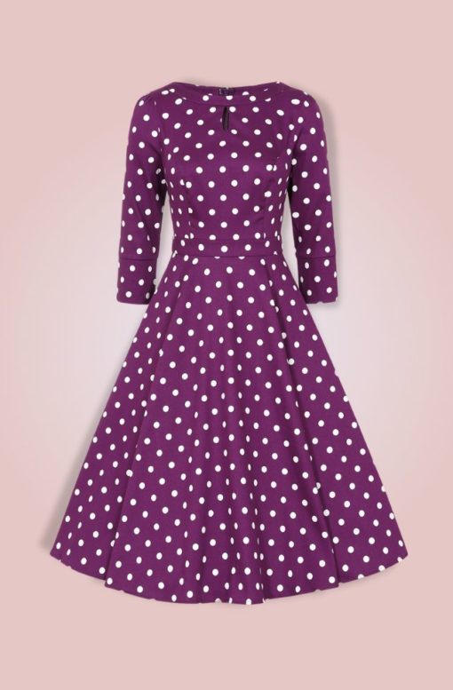 Robe swing, style années 50, violette à pois blancs manches 3/4, Hearts and Roses – Image 4