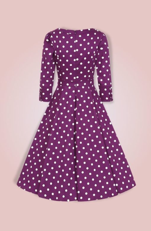 Robe swing, style années 50, violette à pois blancs manches 3/4, Hearts and Roses – Image 3