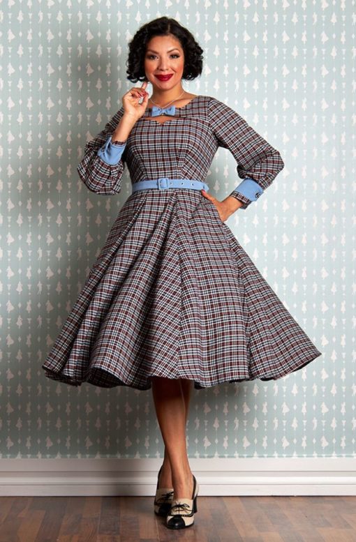 Robe swing, années 50, tartan bleu, Miss Candyfloss
