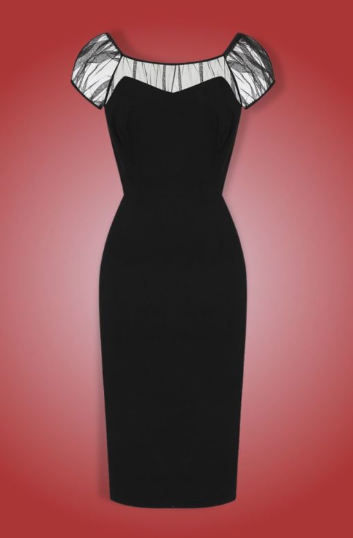 Robe crayon noire style rétro, manches courtes en tulle, Collectif – Image 2