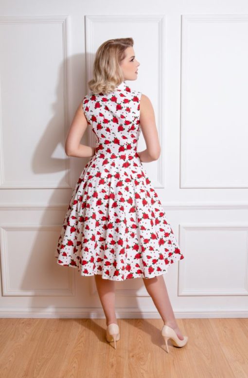 robe circulaire, style vintage, 50's, blanche à fleurs rouges, en coton
