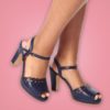 Escarpin chaussure talon large bout ouvert bordure cœur trou style vintage reto 50s années 50 pinup pin up confortable lanière cheville bleu marine