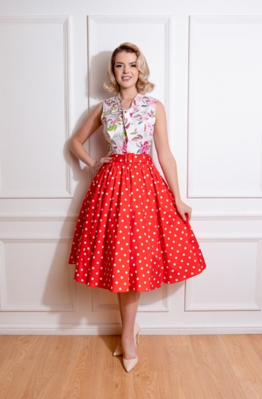 Jupe swing avec ceinture style retro, rouge à poids blancs, Hearts and Roses