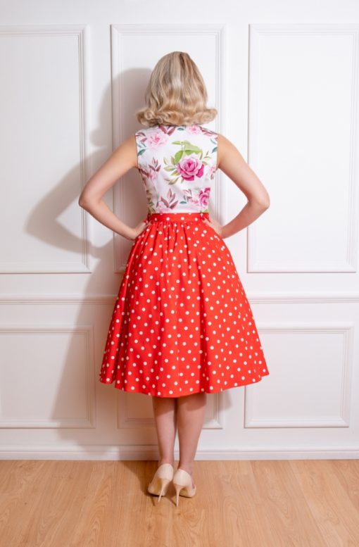 Jupe swing avec ceinture style retro, rouge à poids blancs, Hearts and Roses – Image 2