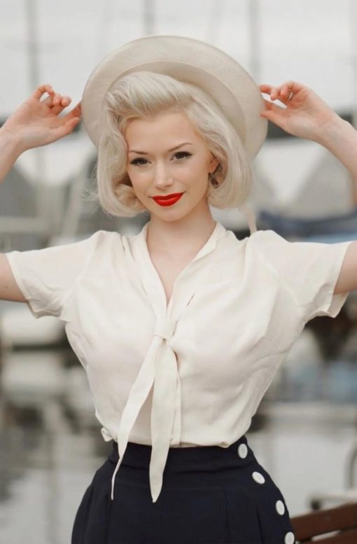 blouse style retro vintage 40s 50s année 40 50 fifties pin up couturiere col noeud cravate manches courtes pinces court ivoire rayon crepe de chine