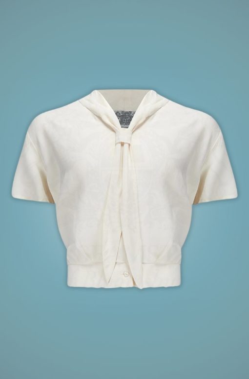 blouse style retro vintage 40s 50s année 40 50 fifties pin up couturiere col noeud cravate manches courtes pinces court ivoire rayon crepe de chine