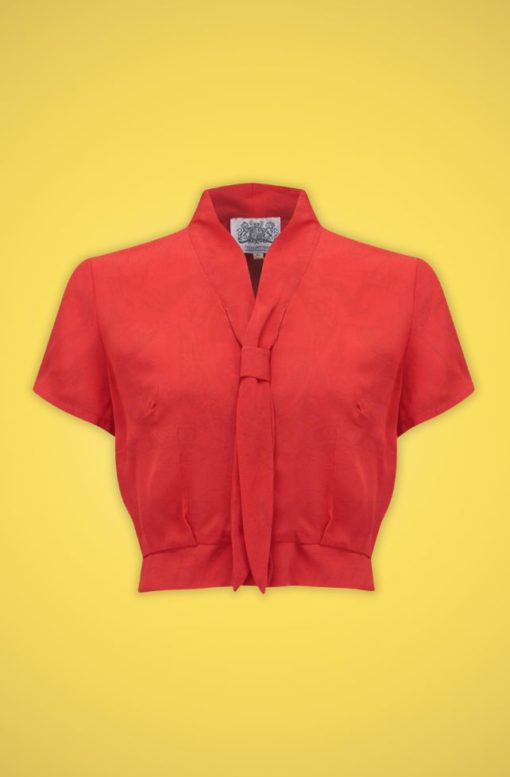 blouse style retro vintage 40s 50s année 40 50 fifties pin up couturiere col noeud cravate manches courtes pinces court rouge rayon crepe de chine