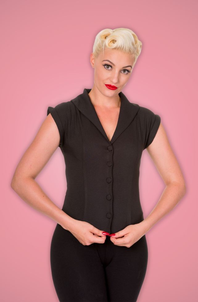 blouse style retro vintage 50s années 50 cole châle décolleté en v petites manches courtes retroussées bouton sur l'avant banned retro