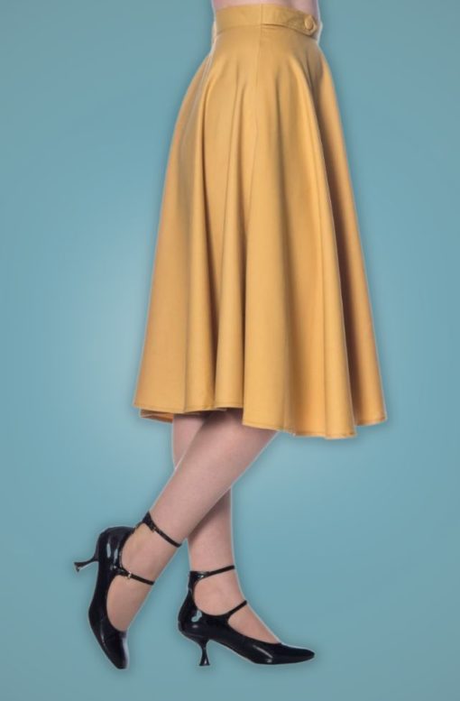 jupe swing style retro vintage 50s fifties pinup ceinture décorative bouton fluide viscose moutarde banned