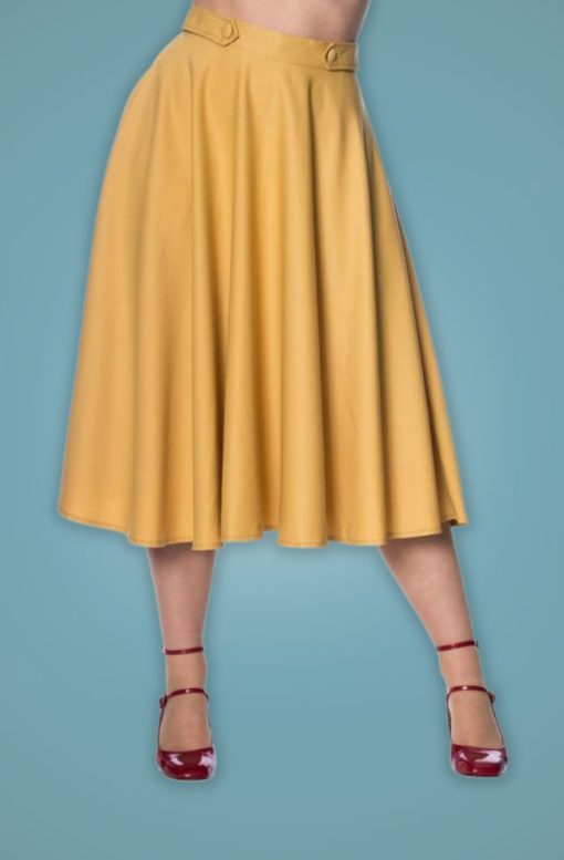 jupe swing style retro vintage 50s fifties pinup ceinture décorative bouton fluide viscose moutarde banned