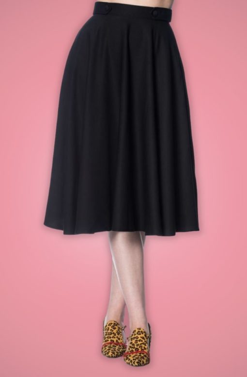 jupe swing style retro vintage 50s fifties pinup ceinture décorative bouton fluide viscose noir banned