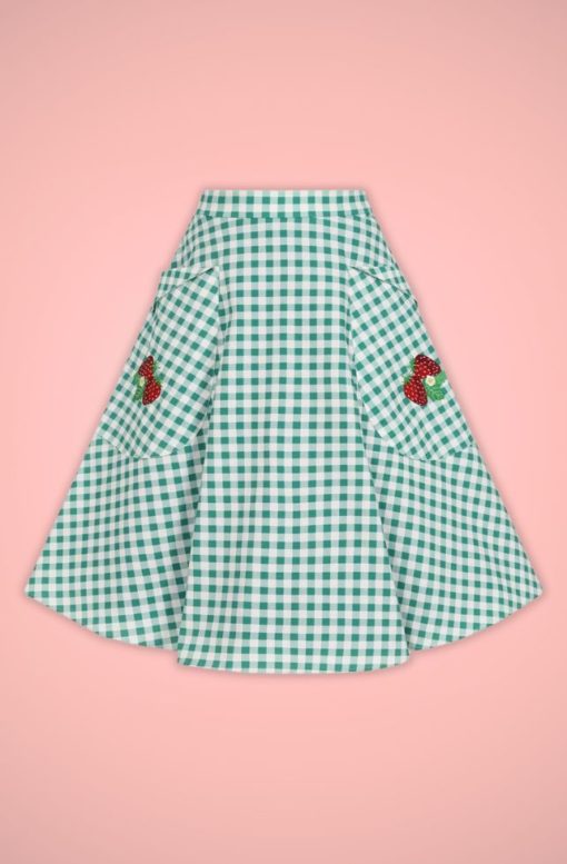 Jupe skirt swing évasée coton vintage retro vichy vert blanc broderie fraise champetre 50s années 50 fifties pin up été summer collectif