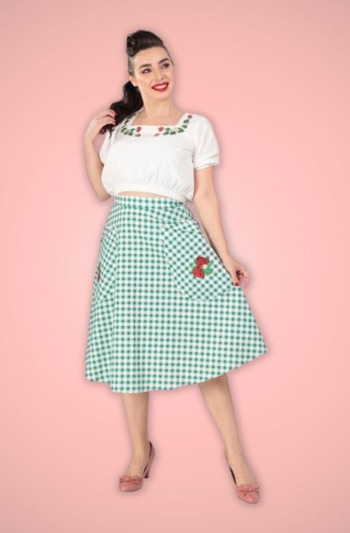 Jupe skirt swing évasée coton vintage retro vichy vert blanc broderie fraise champetre 50s années 50 fifties pin up été summer collectif