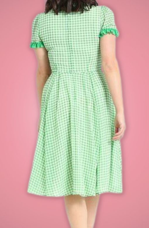 robe swing évasée retro vintage vichy vert blanc manche courte décolleté V bouton cintré doublure blanche empiècement mi long 50s fifties années 50 pin up dinner quotidien casual été summer léger light hell bunny