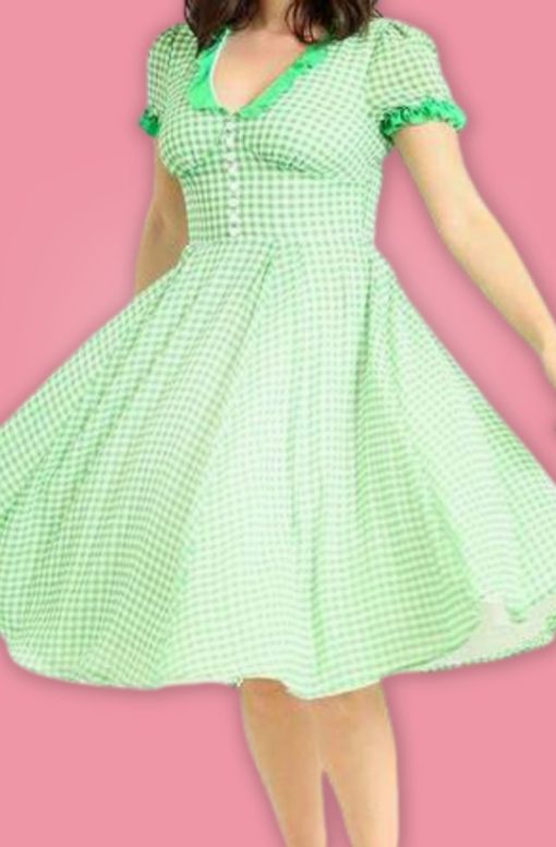 robe swing évasée retro vintage vichy vert blanc manche courte décolleté V bouton cintré doublure blanche empiècement mi long 50s fifties années 50 pin up dinner quotidien casual été summer léger light hell bunny