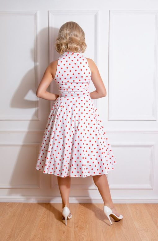 robe swing évasée trapèze retro vintage sans manche col chemise bouton décoratif blanc blanche pois polka dot rouge cintré midi fifties 50s années 50 pin up elegant chic classe casual quotidien tissu coton hearts and roses