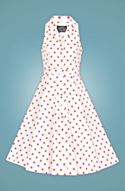 robe swing évasée trapèze retro vintage sans manche col chemise bouton décoratif blanc blanche pois polka dot rouge cintré midi fifties 50s années 50 pin up elegant chic classe casual quotidien tissu coton hearts and roses