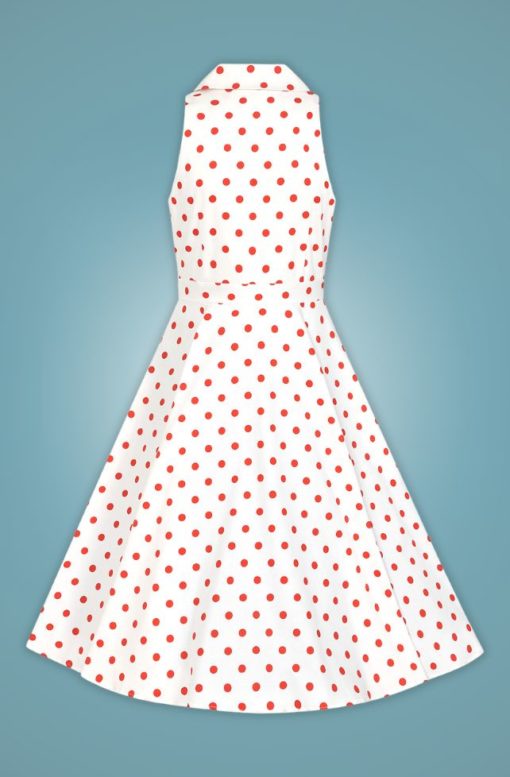 robe swing évasée trapèze retro vintage sans manche col chemise bouton décoratif blanc blanche pois polka dot rouge cintré midi fifties 50s années 50 pin up elegant chic classe casual quotidien tissu coton hearts and roses