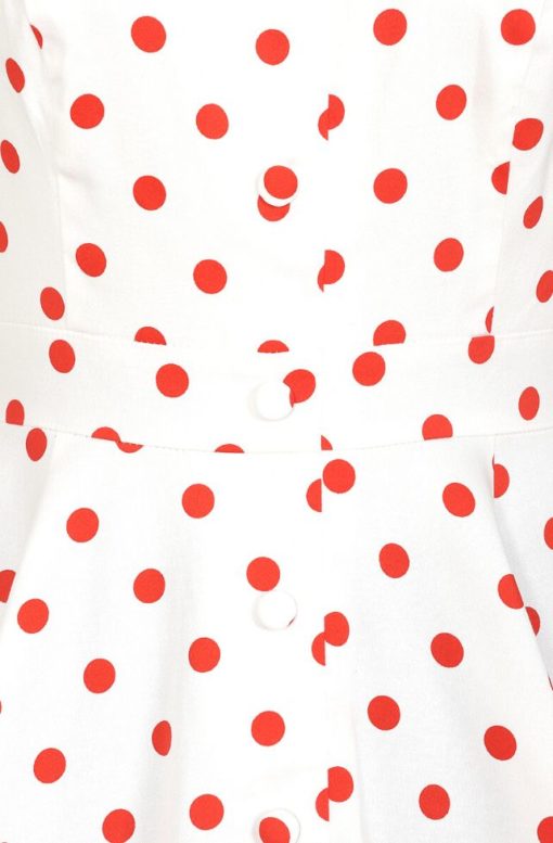 robe swing évasée trapèze retro vintage sans manche col chemise bouton décoratif blanc blanche pois polka dot rouge cintré midi fifties 50s années 50 pin up elegant chic classe casual quotidien tissu coton hearts and roses