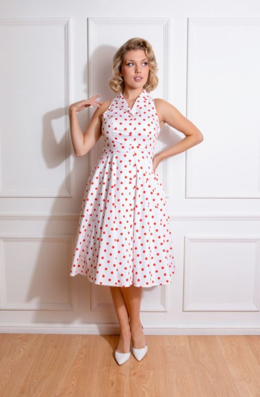 robe swing évasée trapèze retro vintage sans manche col chemise bouton décoratif blanc blanche pois polka dot rouge cintré midi fifties 50s années 50 pin up elegant chic classe casual quotidien tissu coton hearts and roses