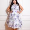 robe swing évasée trapèze retro vintage sans manche col chemise fantaisie blanche bleu ciel fleurs violette lilas feuilles vertes été plage cintré midi fifties 50s années 50 pin up elegant chic classe casual quotidien tissu coton sans jupon hearts and roses