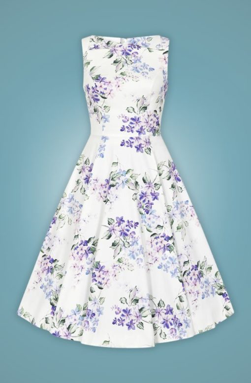 robe swing évasée trapèze retro vintage sans manche col chemise fantaisie blanche bleu ciel fleurs violette lilas feuilles vertes été plage cintré midi fifties 50s années 50 pin up elegant chic classe casual quotidien tissu coton sans jupon hearts and roses