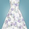 robe swing évasée trapèze retro vintage sans manche col chemise fantaisie blanche bleu ciel fleurs violette lilas feuilles vertes été plage cintré midi fifties 50s années 50 pin up elegant chic classe casual quotidien tissu coton sans jupon hearts and roses