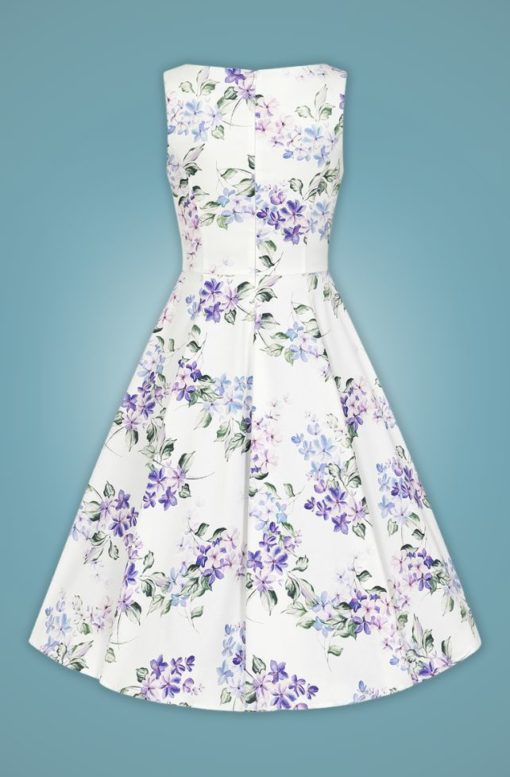 robe swing évasée trapèze retro vintage sans manche col chemise fantaisie blanche bleu ciel fleurs violette lilas feuilles vertes été plage cintré midi fifties 50s années 50 pin up elegant chic classe casual quotidien tissu coton sans jupon hearts and roses
