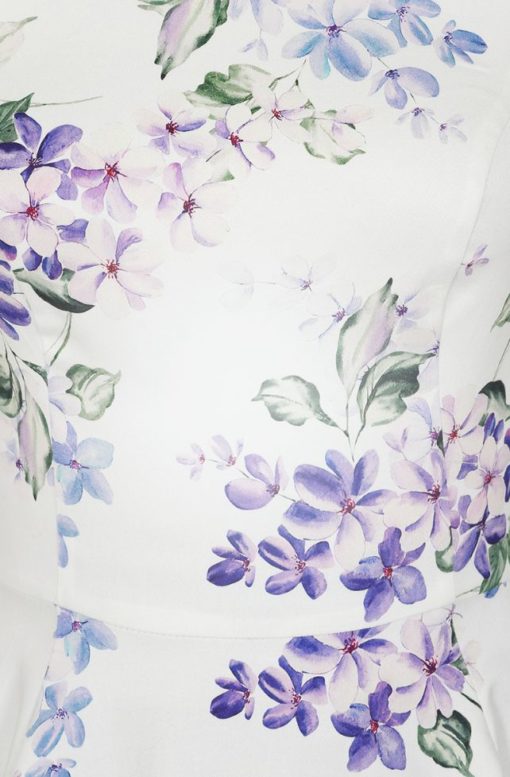 robe swing évasée trapèze retro vintage sans manche col chemise fantaisie blanche bleu ciel fleurs violette lilas feuilles vertes été plage cintré midi fifties 50s années 50 pin up elegant chic classe casual quotidien tissu coton sans jupon hearts and roses