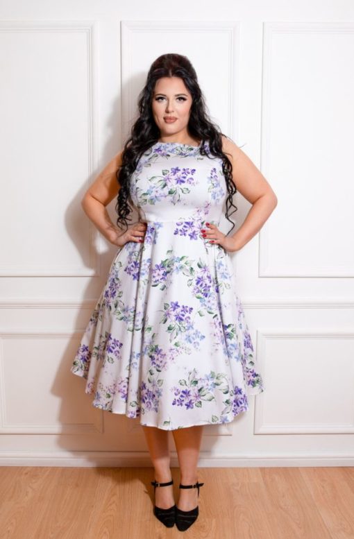 robe swing évasée trapèze retro vintage sans manche col chemise fantaisie blanche bleu ciel fleurs violette lilas feuilles vertes été plage cintré midi fifties 50s années 50 pin up elegant chic classe casual quotidien tissu coton sans jupon hearts and roses