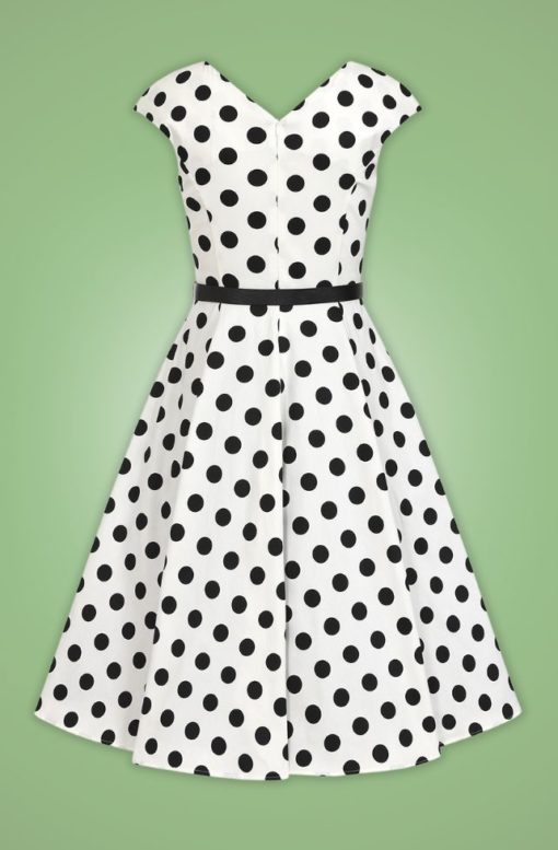 robe swing évasée trapèze retro vintage sans manche col V ceinture décorative blanc blanche pois polka dot noir cintré midi fifties 50s années 50 pin up elegant chic classe casual quotidien tissu coton sans jupon hearts and roses