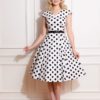robe swing évasée trapèze retro vintage sans manche col V ceinture décorative blanc blanche pois polka dot noir cintré midi fifties 50s années 50 pin up elegant chic classe casual quotidien tissu coton sans jupon hearts and roses
