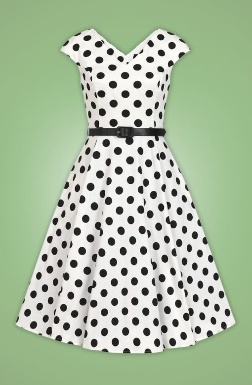 robe swing évasée trapèze retro vintage sans manche col V ceinture décorative blanc blanche pois polka dot noir cintré midi fifties 50s années 50 pin up elegant chic classe casual quotidien tissu coton sans jupon hearts and roses