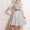 robe swing évasée trapèze retro vintage sans manche col V ceinture décorative blanc blanche pois polka dot noir cintré midi fifties 50s années 50 pin up elegant chic classe casual quotidien tissu coton sans jupon hearts and roses