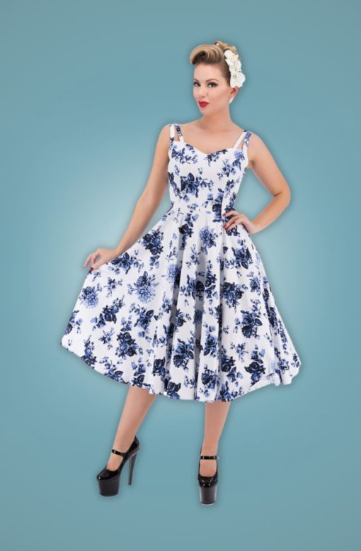 robe swing evasée trapèze style retro vintage pinup pin up pin-up cintrée bretelles poches blanche blanc fleurs roses bleu marine chic elegant mariage été anniversaire danser jupon enfant années 50 fifties 50s 50's ancien hearts and roses