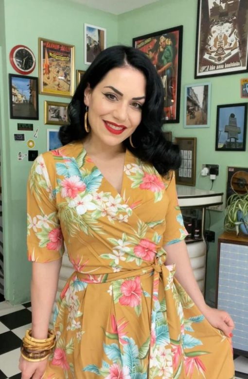 Robe portefeuille style vintage, moutarde honolulu, Rock N Romance Vintage
