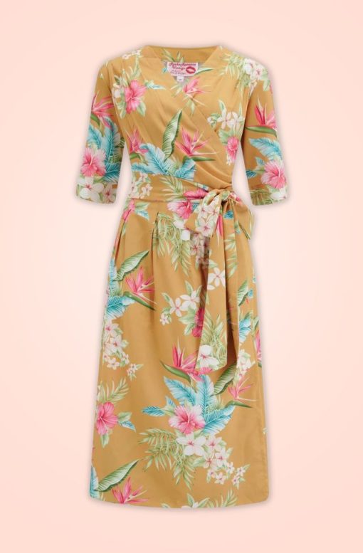 Robe portefeuille style vintage, moutarde honolulu, Rock N Romance Vintage – Image 3